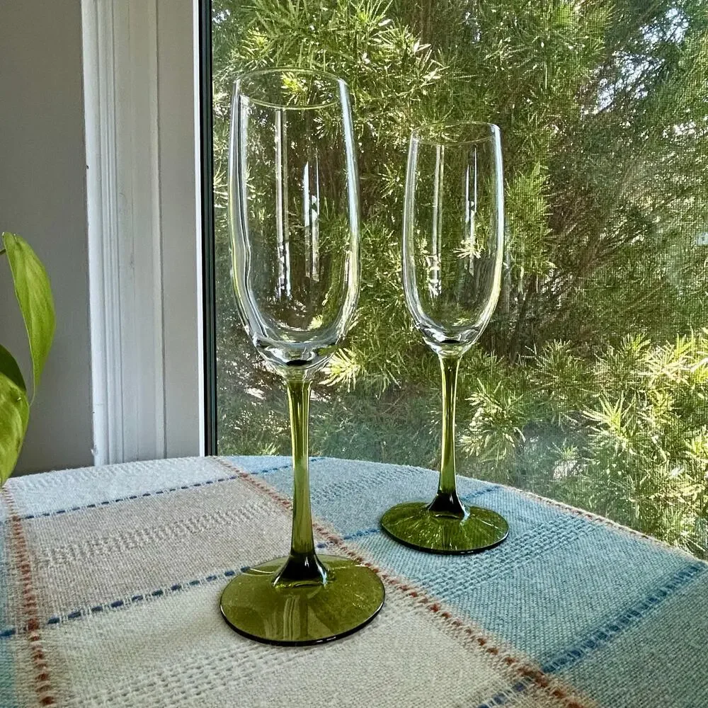 Set of 2 Pier 1 Pantiago Olive Green Champagne Flutes 9.25”